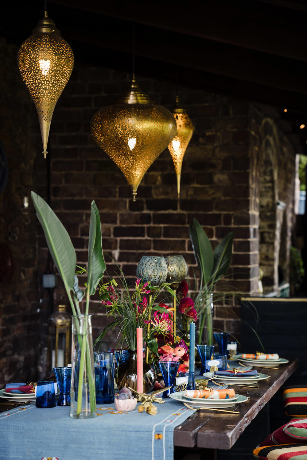 Table Tablescape Decor Candles Blue Runner Flowers Jewel Tone Wedding Ideas Laura May Photography