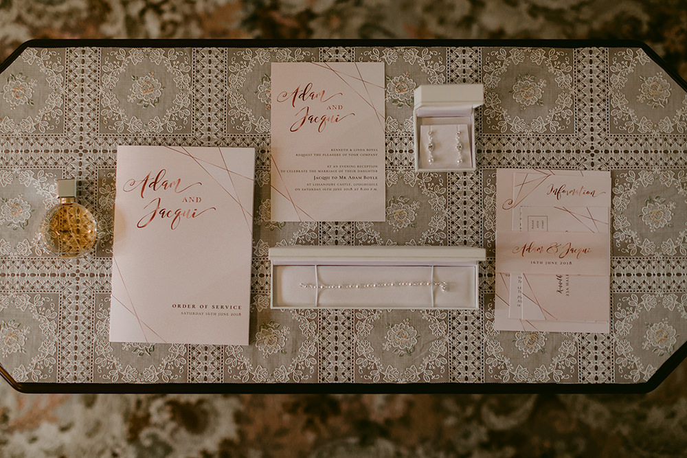 Lissanoure Castle Wedding Adam and Grace Stationery Invite Invitations Pink Gold