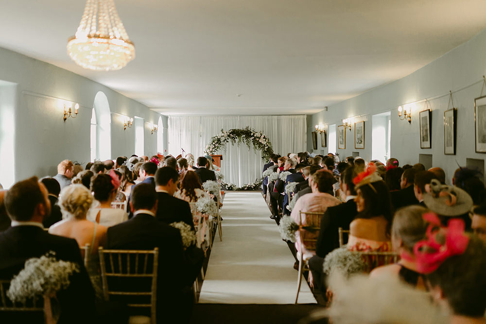 Moongate Flower Arch Ceremony Aisle Backdrop Lissanoure Castle Wedding Adam and Grace