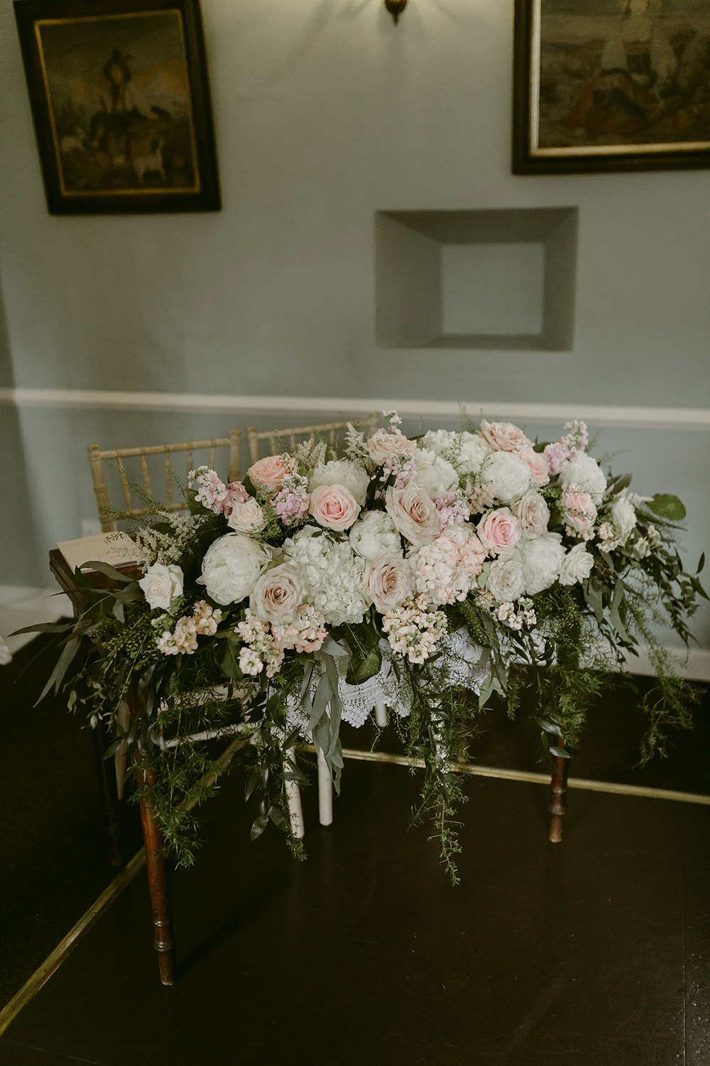 Ceremony Table Flowers Pink White Lissanoure Castle Wedding Adam and Grace