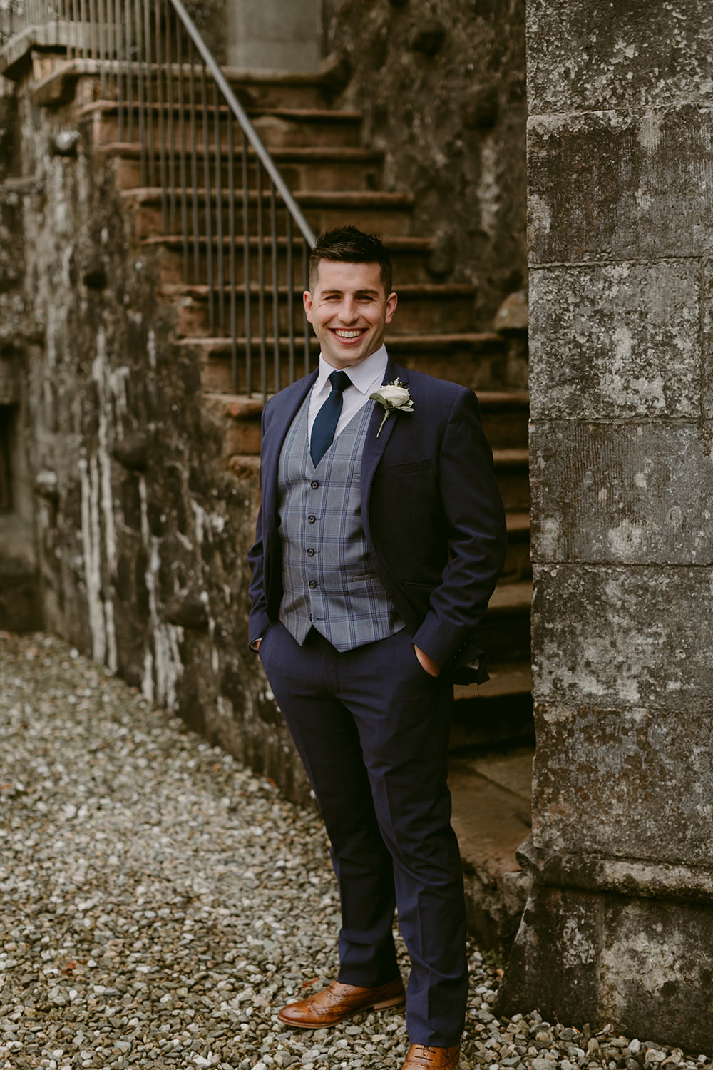 Groom Groomsmen Suits Blue Grey Waistcoat Lissanoure Castle Wedding Adam and Grace