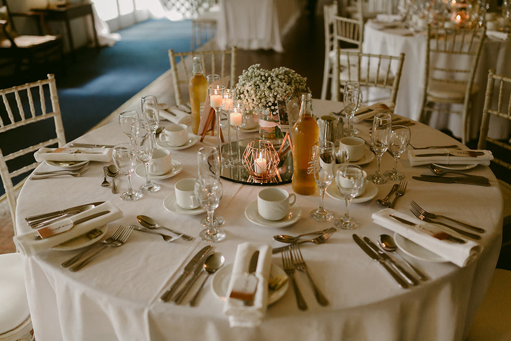 Table Decor Centrepiece Gold Lissanoure Castle Wedding Adam and Grace