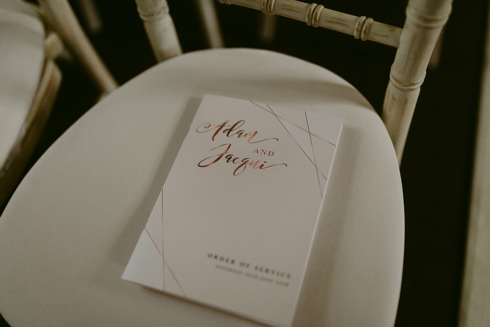 Rose Gold Stationery Booklet Lissanoure Castle Wedding Adam and Grace