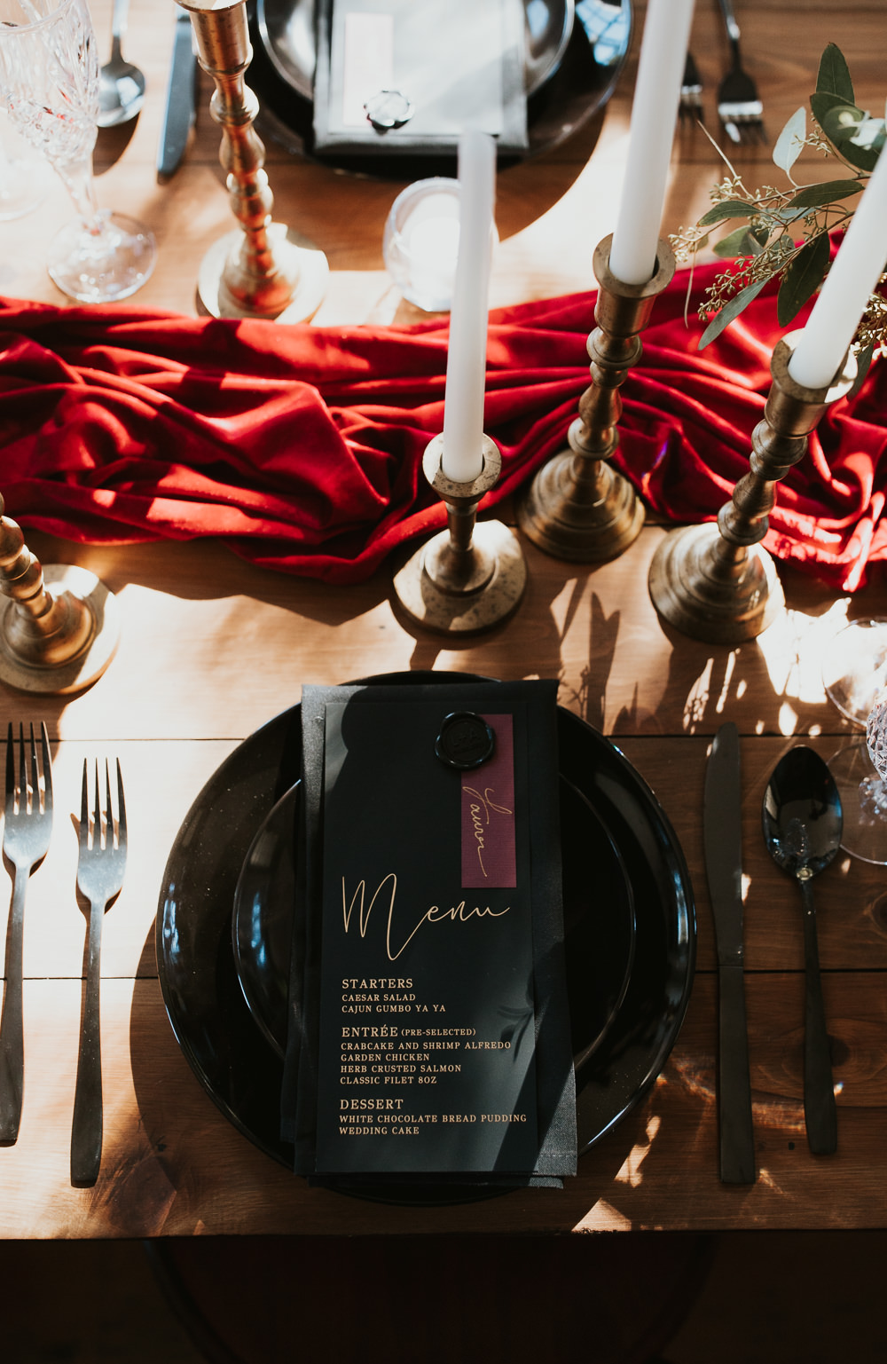 Place Setting Menu Gold Black Burgundy Decor New Orleans Micro Wedding Olivia Yuen Photo