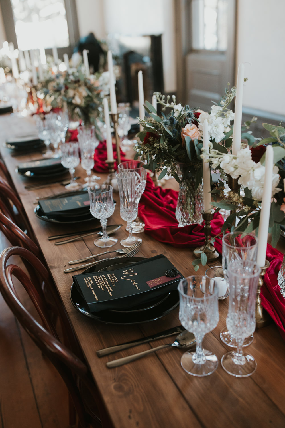 Table Tablescape Flowers Decor Burgundy Black Gold Candles New Orleans Micro Wedding Olivia Yuen Photo