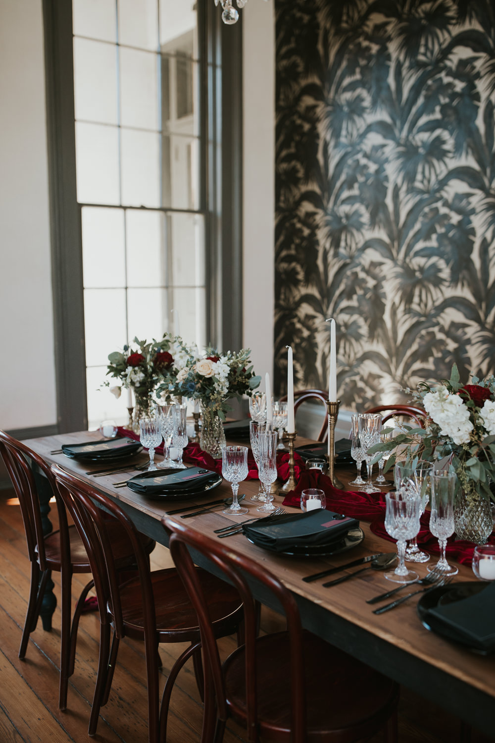 Table Tablescape Flowers Decor Burgundy Black Gold Candles New Orleans Micro Wedding Olivia Yuen Photo