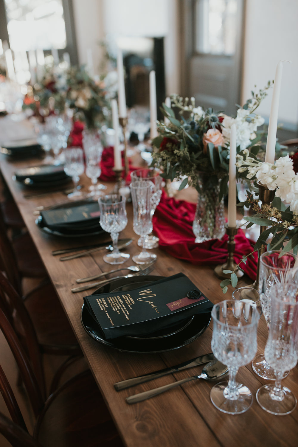 Table Tablescape Flowers Decor Burgundy Black Gold Candles New Orleans Micro Wedding Olivia Yuen Photo