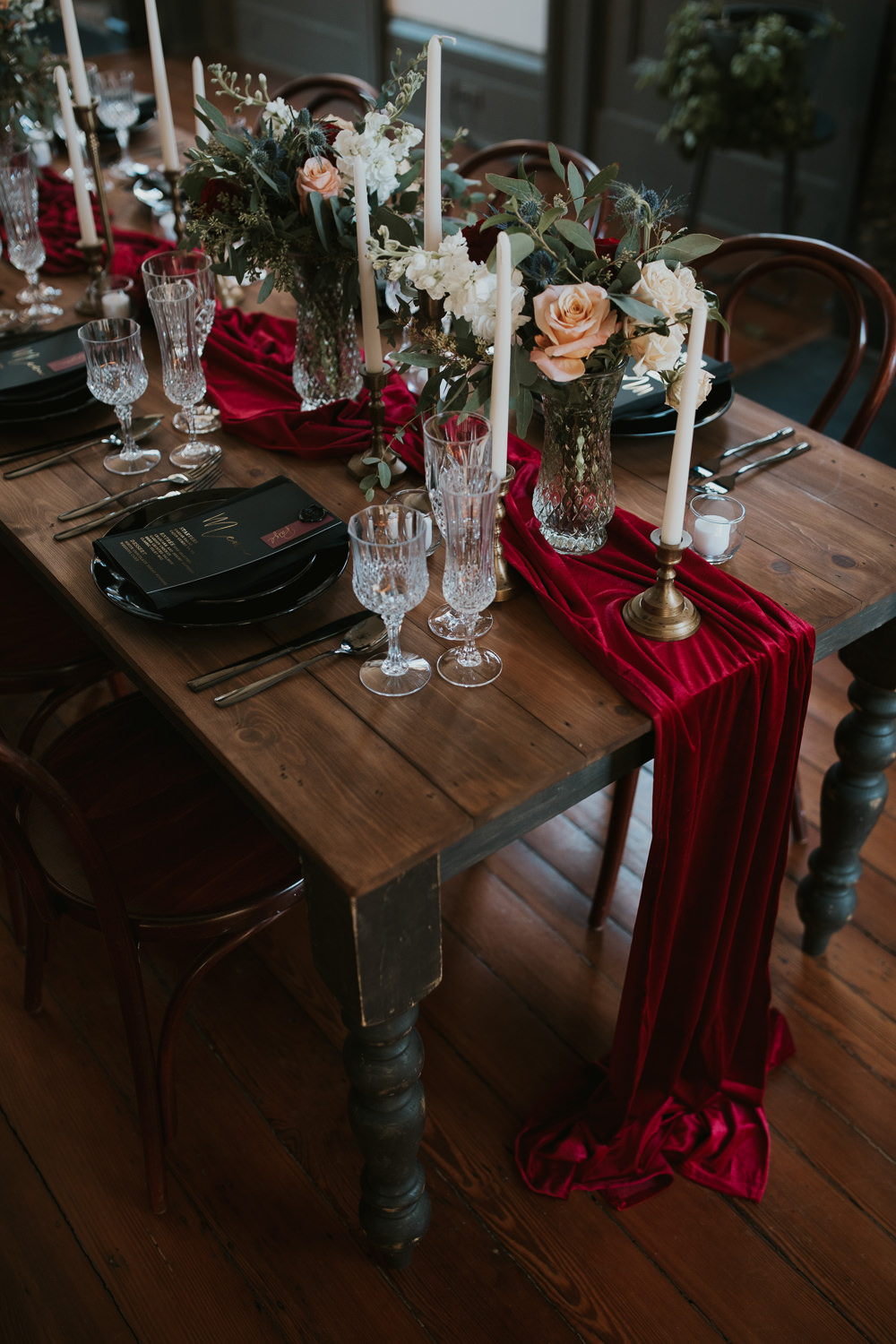 Table Tablescape Flowers Decor Burgundy Black Gold Candles New Orleans Micro Wedding Olivia Yuen Photo