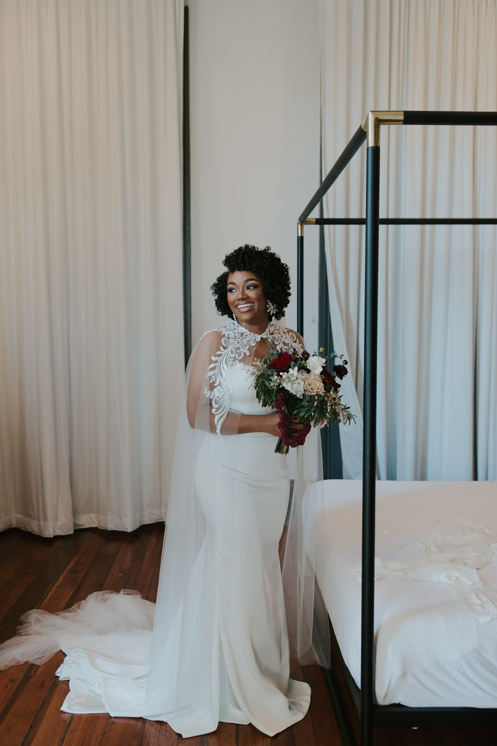 Bride Bridal Dress Gown Strapless Cape Veil New Orleans Micro Wedding Olivia Yuen Photo
