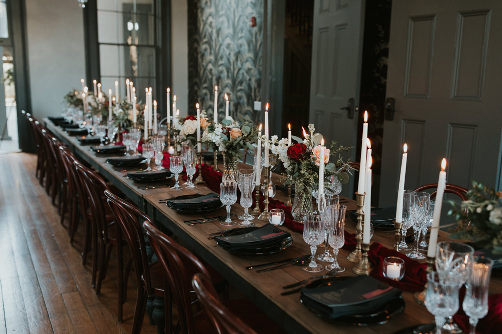 Table Tablescape Flowers Decor Burgundy Black Gold Candles New Orleans Micro Wedding Olivia Yuen Photo