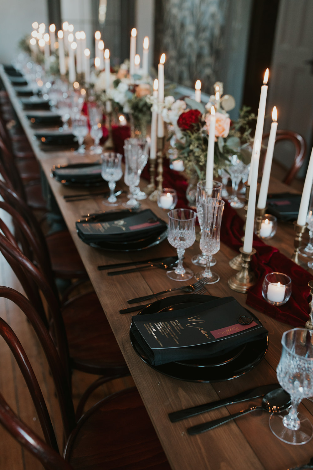 Table Tablescape Flowers Decor Burgundy Black Gold Candles New Orleans Micro Wedding Olivia Yuen Photo