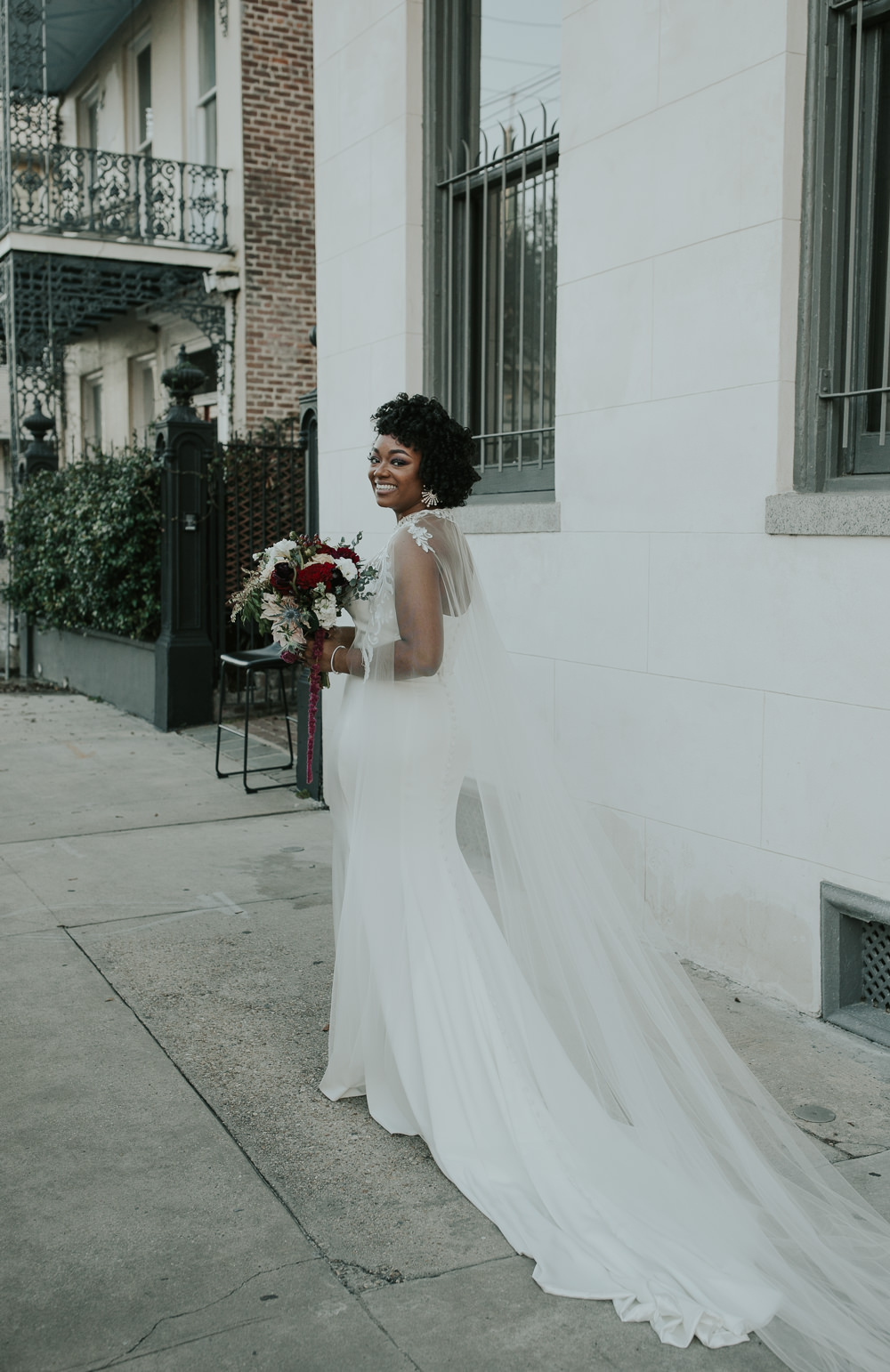 Bride Bridal Dress Gown Strapless Cape Veil New Orleans Micro Wedding Olivia Yuen Photo