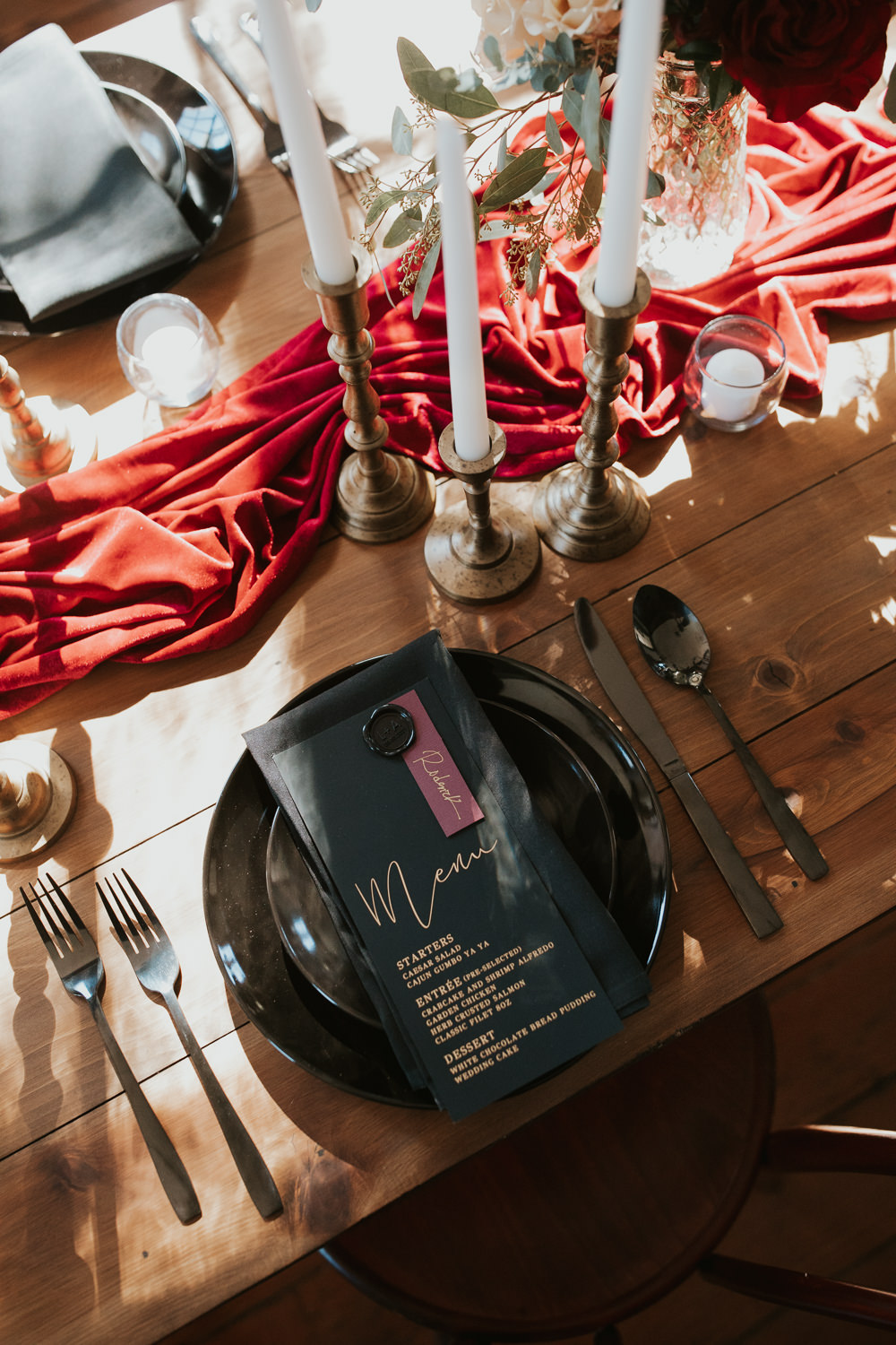 Place Setting Menu Gold Black Burgundy Decor New Orleans Micro Wedding Olivia Yuen Photo