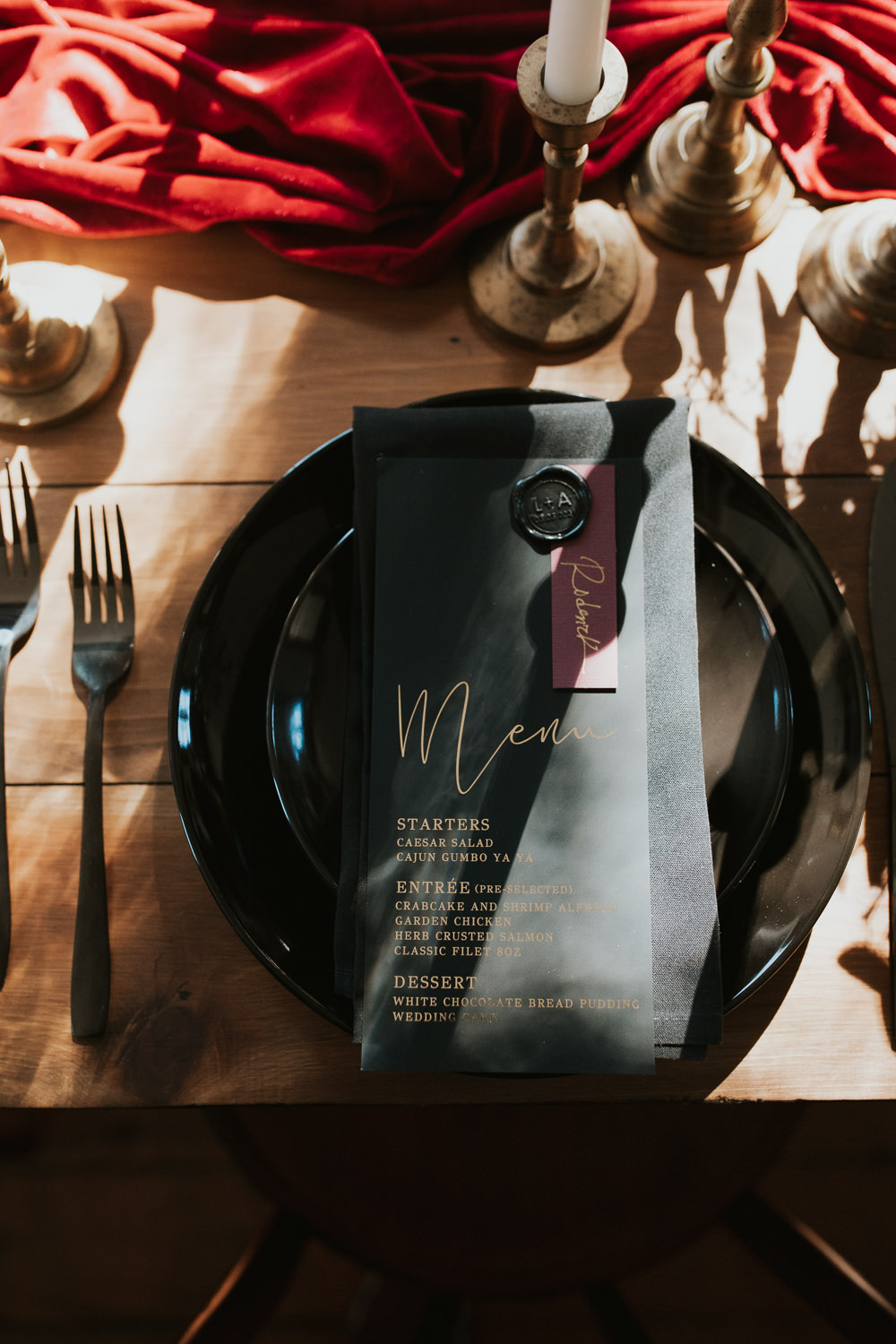 Place Setting Menu Gold Black Burgundy Decor New Orleans Micro Wedding Olivia Yuen Photo