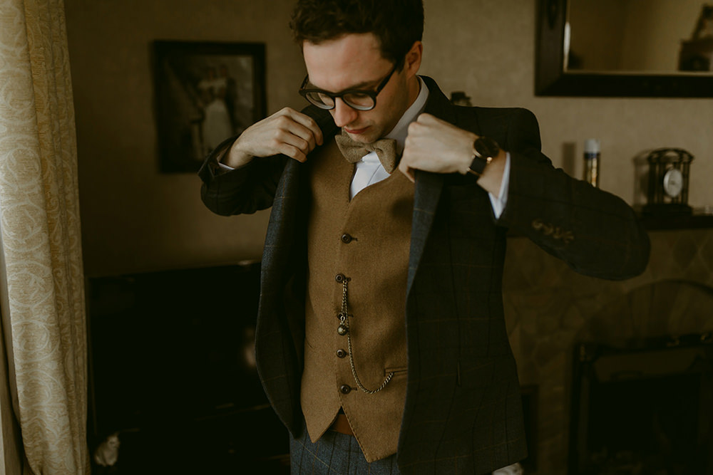 Tullyveery House Wedding Adam and Grace Groom Suit Navy Tan Waistcoat Bow Tie