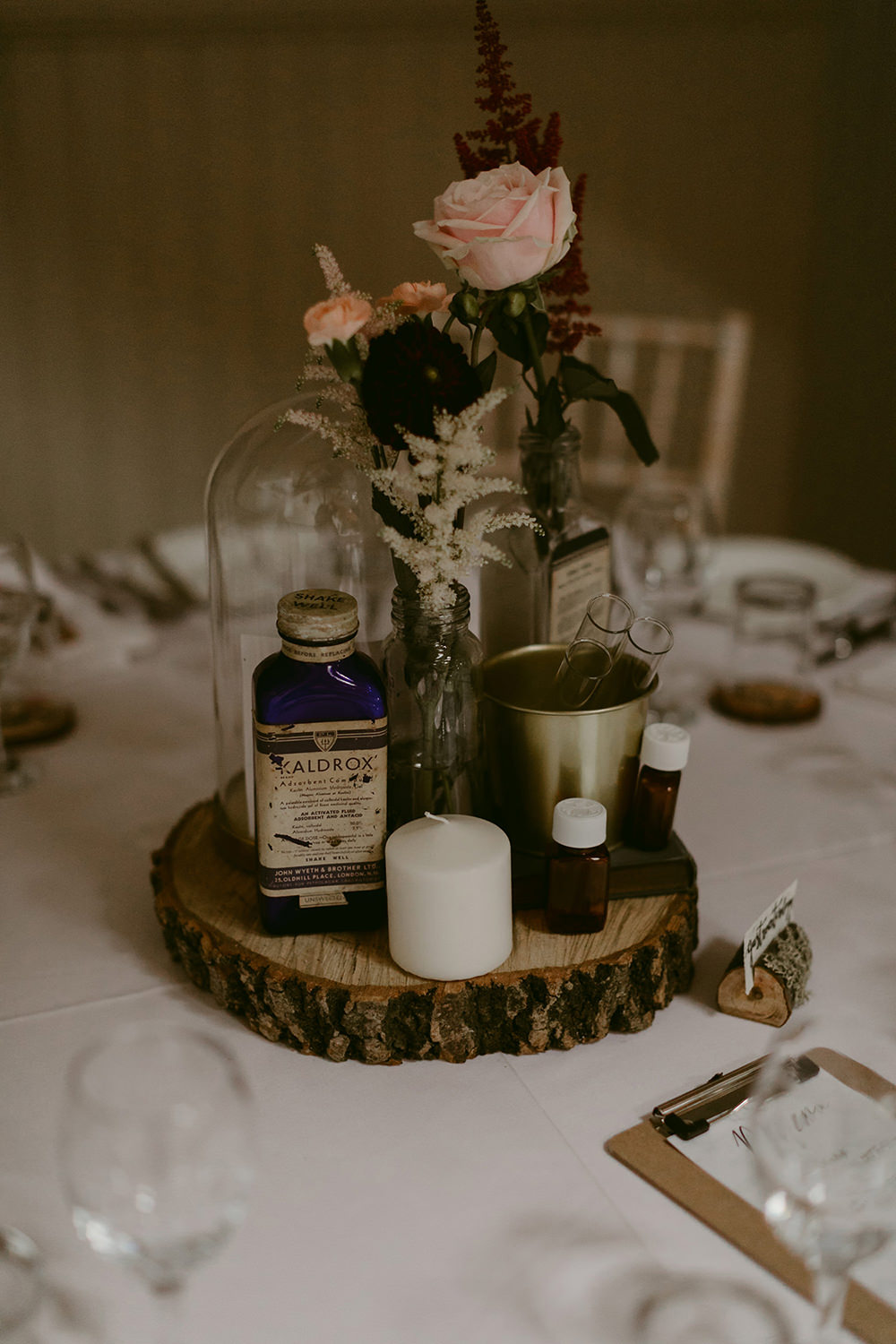 Centrepiece Decor Log Slice Flowers Medical Tullyveery House Wedding Adam and Grace