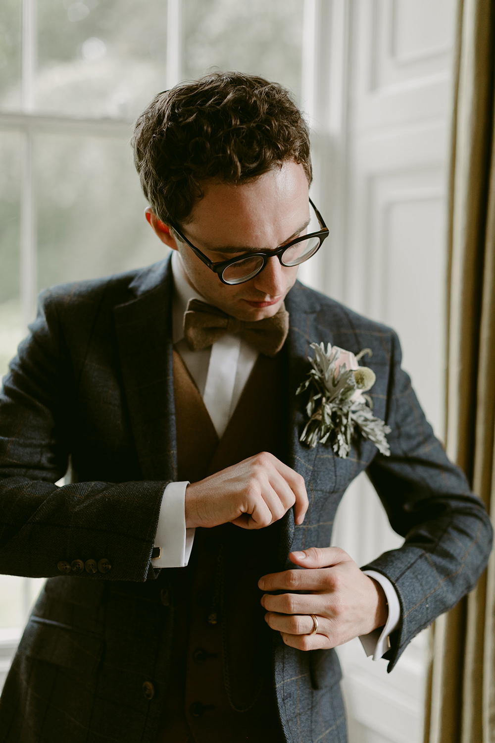 Groom Suit Navy Tan Waistcoat Bow Tie Buttonhole Flowers Tullyveery House Wedding Adam and Grace