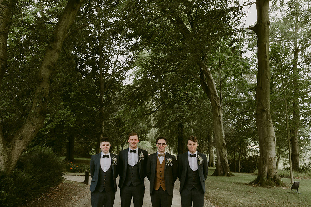 Groom Suit Navy Tan Waistcoat Bow Tie Groomsmen Tullyveery House Wedding Adam and Grace