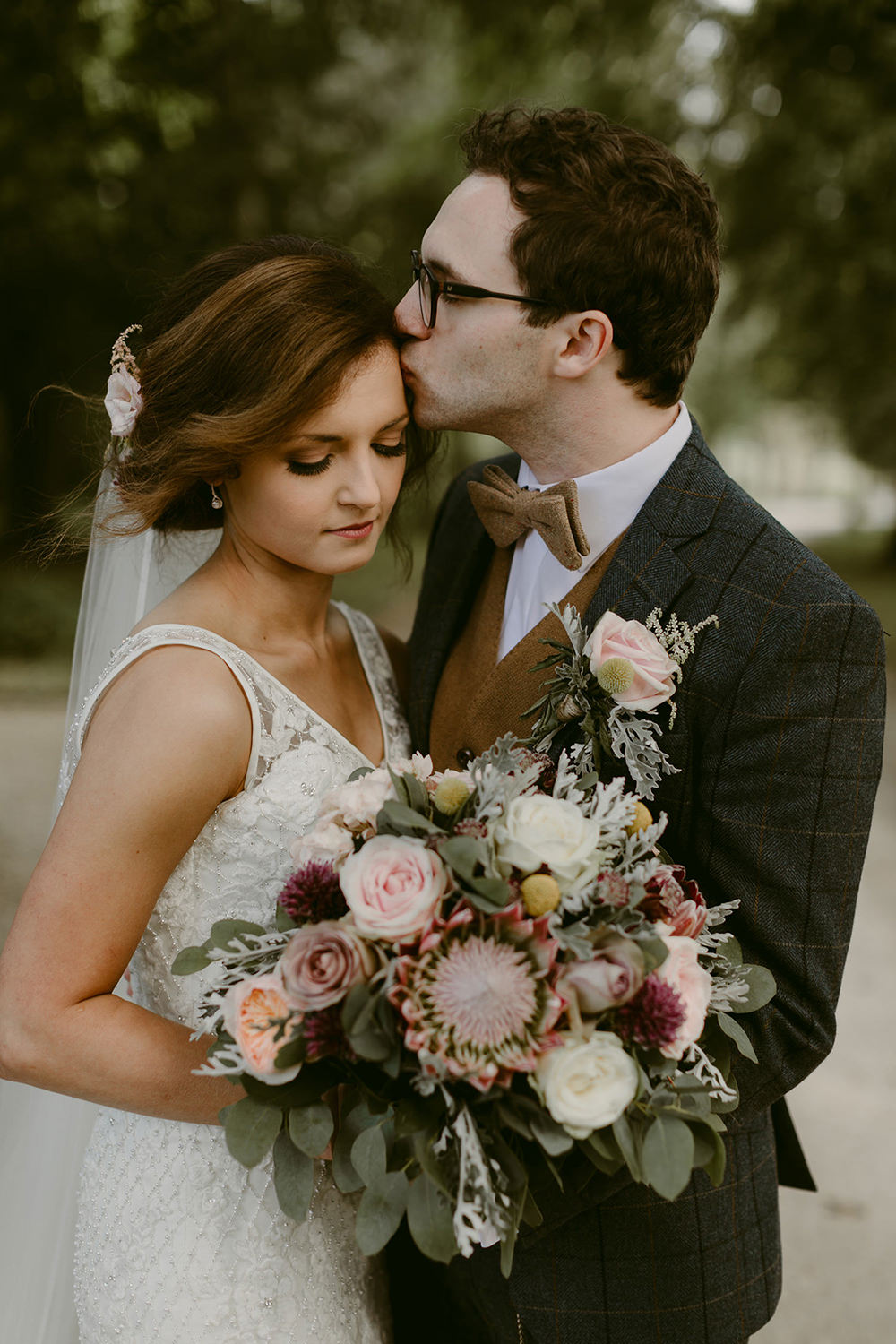 Bouquet Flowers Bride Bridal Pink Protea Rose Tullyveery House Wedding Adam and Grace