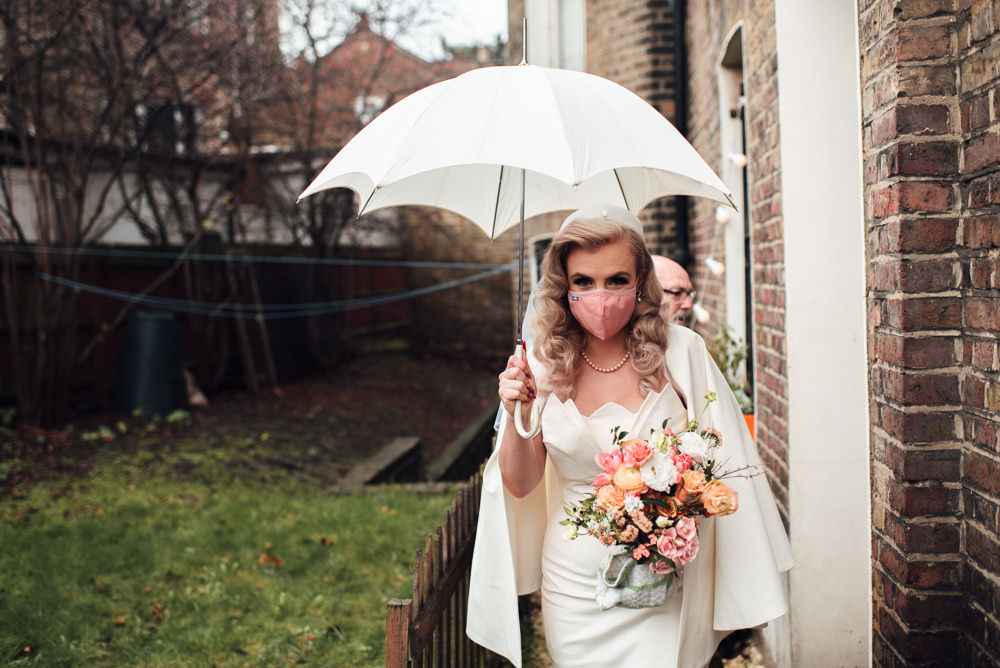Bride Bridal Dress Gown Short Hat Veil Cape Face Mask Vintage London Wedding The Shannons Photography