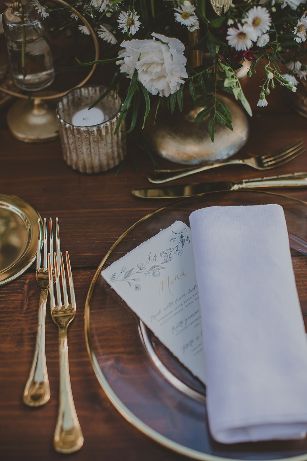 Place Setting Gold Cutlery Dragonfly Whimsical Tuscany Wedding Sofia Balli