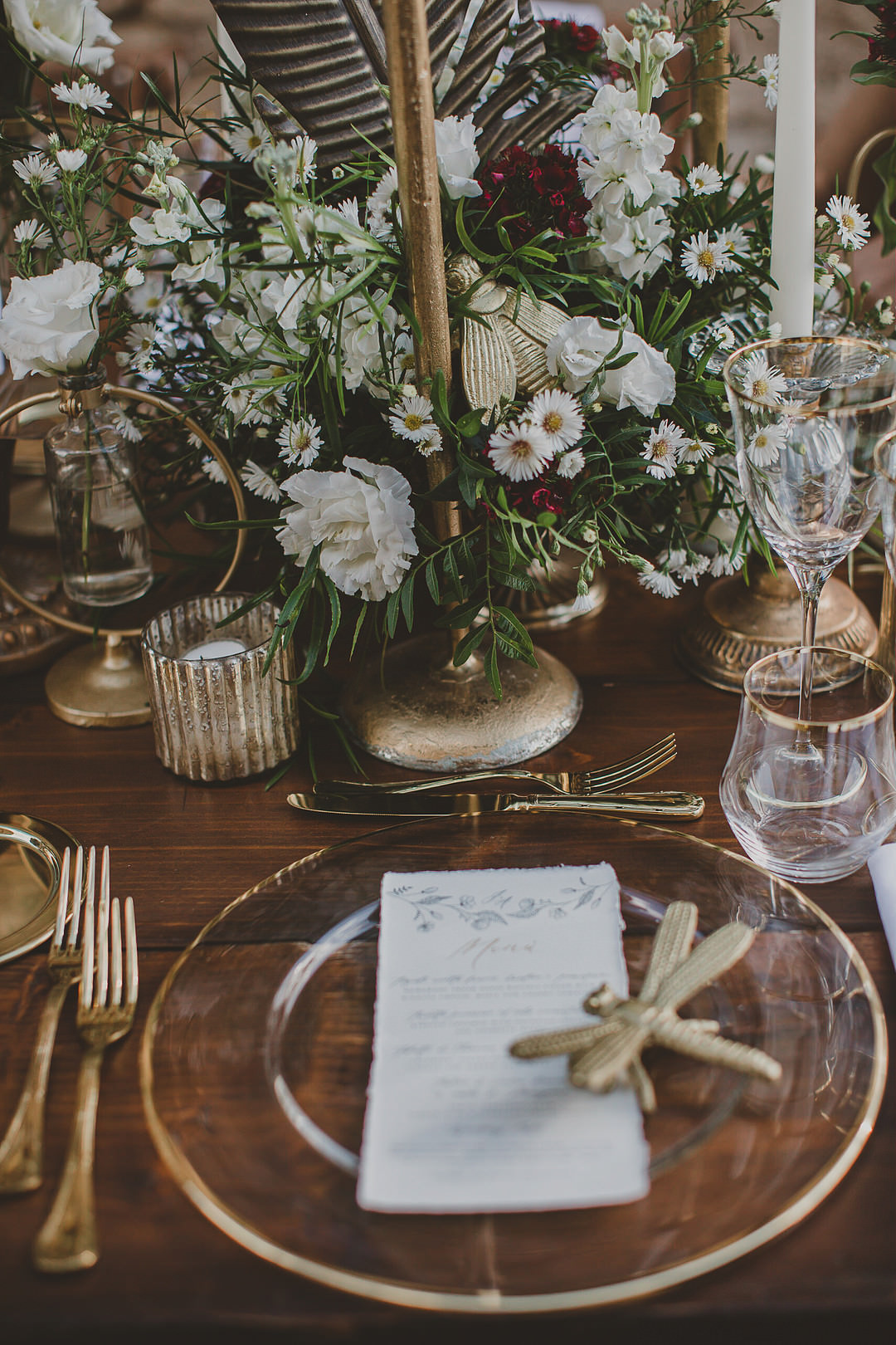 Place Setting Gold Cutlery Dragonfly Whimsical Tuscany Wedding Sofia Balli