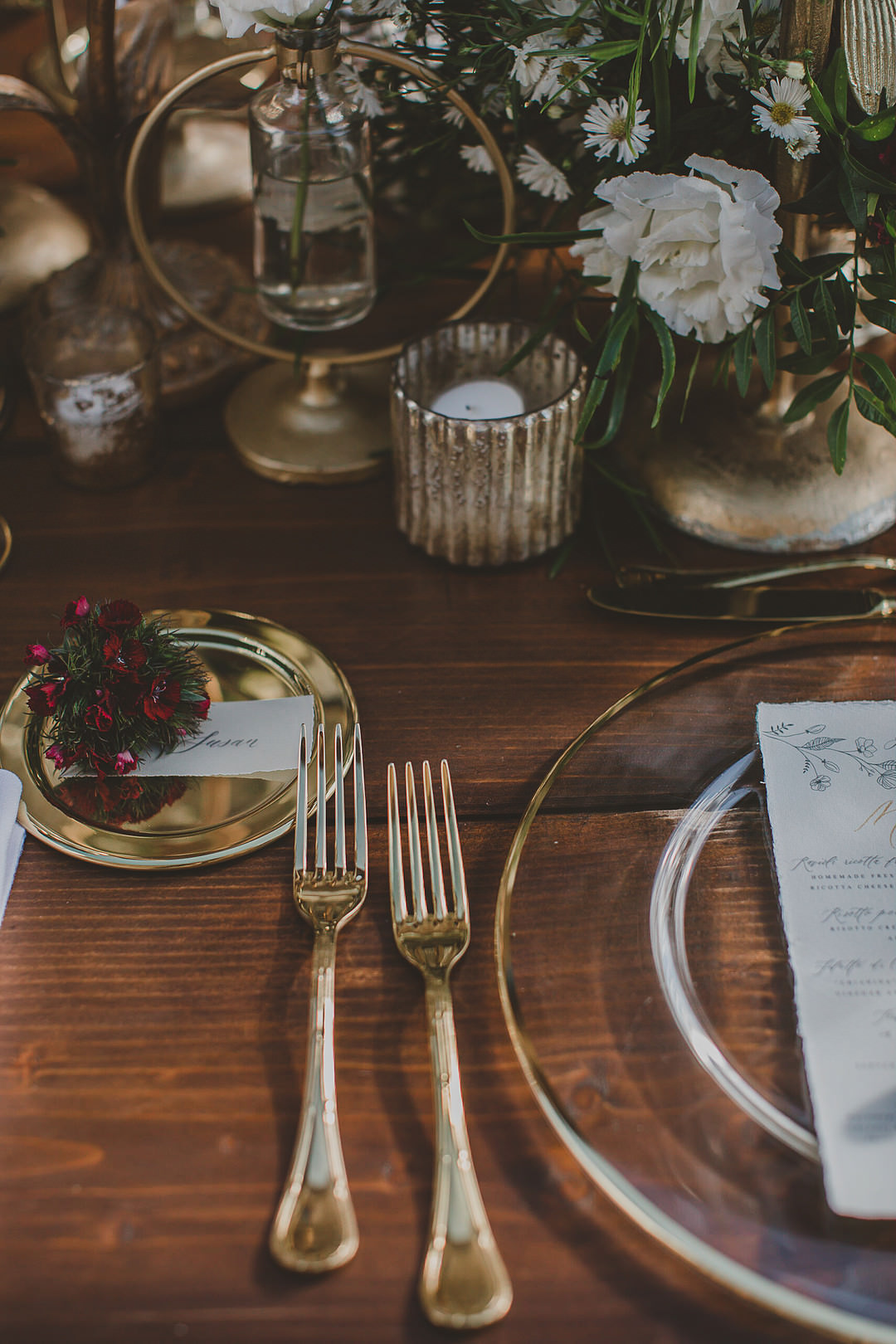 Place Setting Gold Cutlery Dragonfly Whimsical Tuscany Wedding Sofia Balli