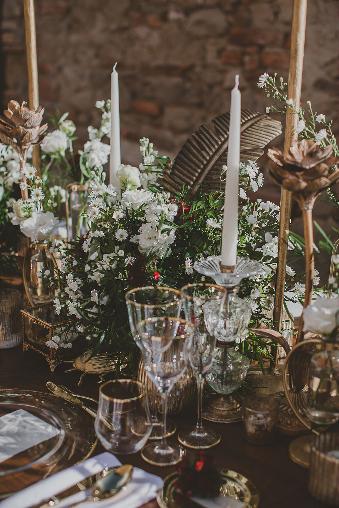 Table Decor Flowers Candles Gold Insects Whimsical Tuscany Wedding Sofia Balli