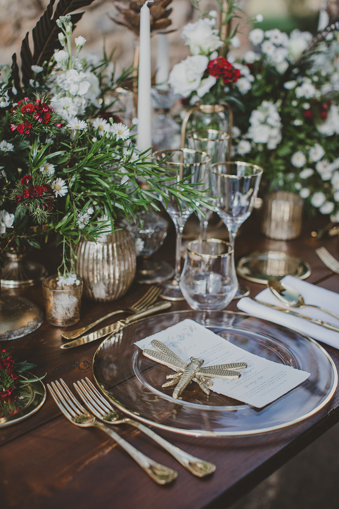 Table Decor Flowers Candles Gold Insects Whimsical Tuscany Wedding Sofia Balli
