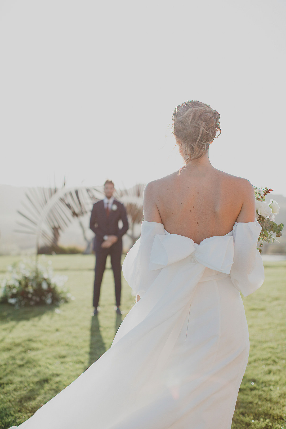 Dress Gown Bride Bridal Bow Off Shoulder Whimsical Tuscany Wedding Sofia Balli