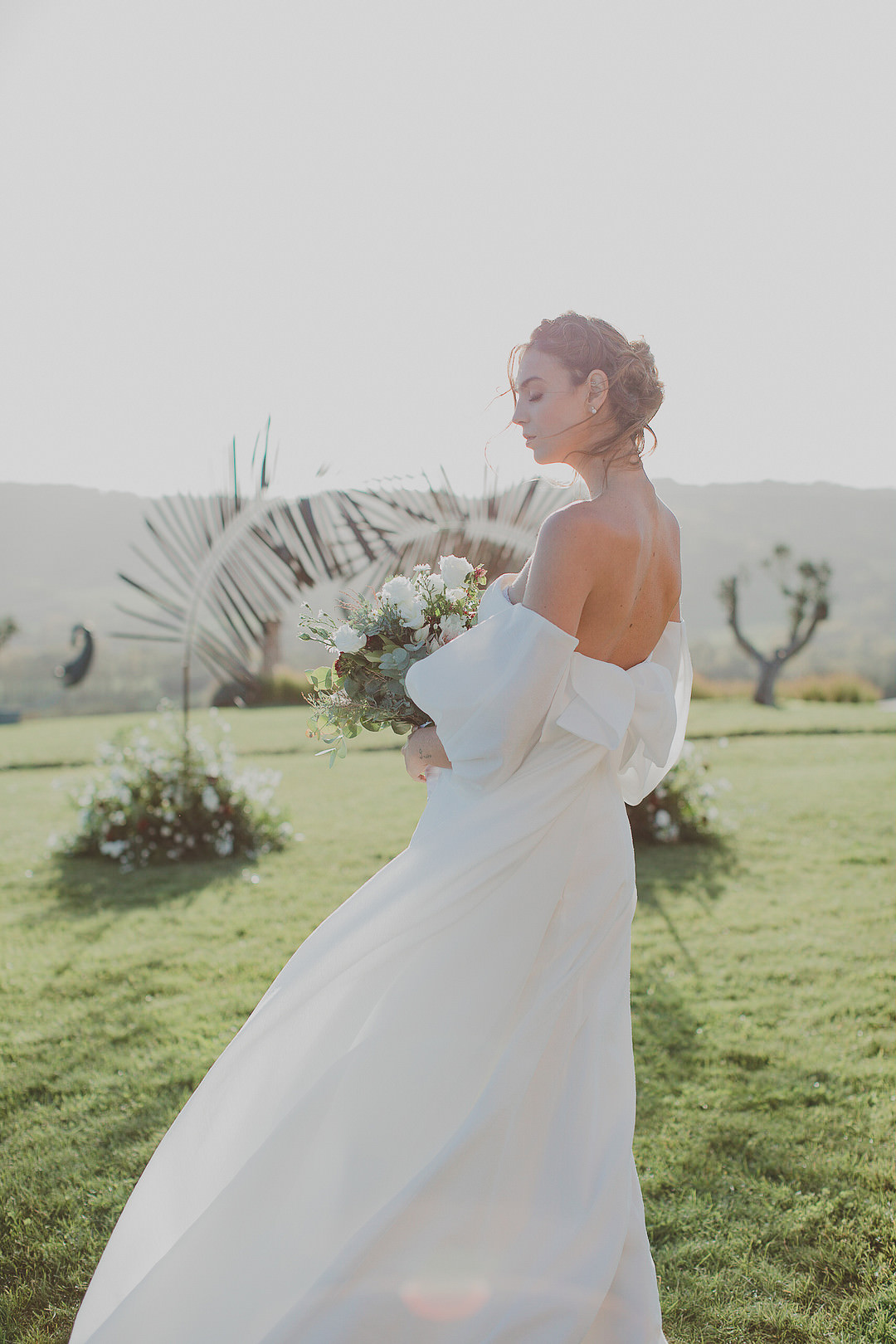 Dress Gown Bride Bridal Bow Off Shoulder Whimsical Tuscany Wedding Sofia Balli