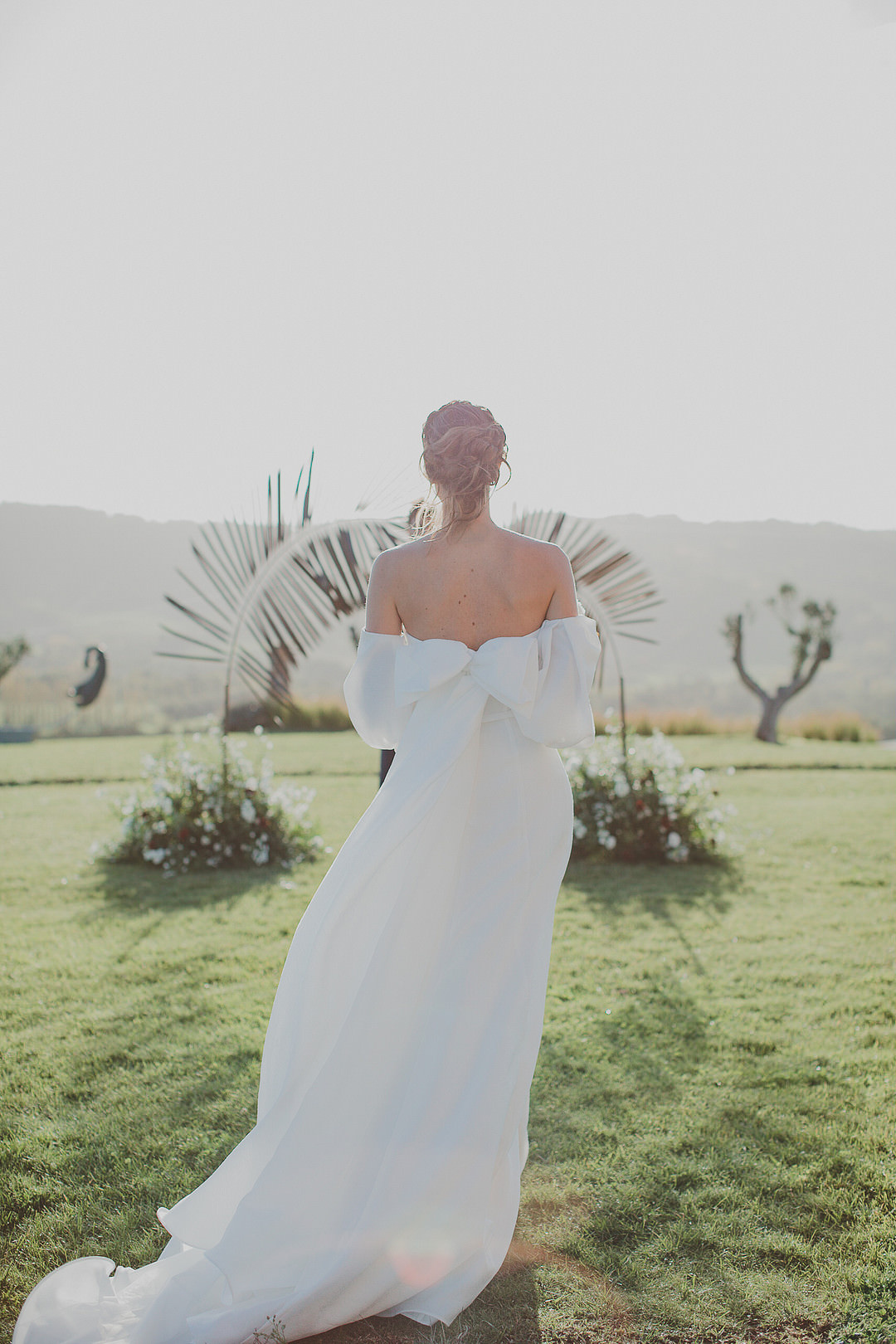 Dress Gown Bride Bridal Bow Off Shoulder Whimsical Tuscany Wedding Sofia Balli
