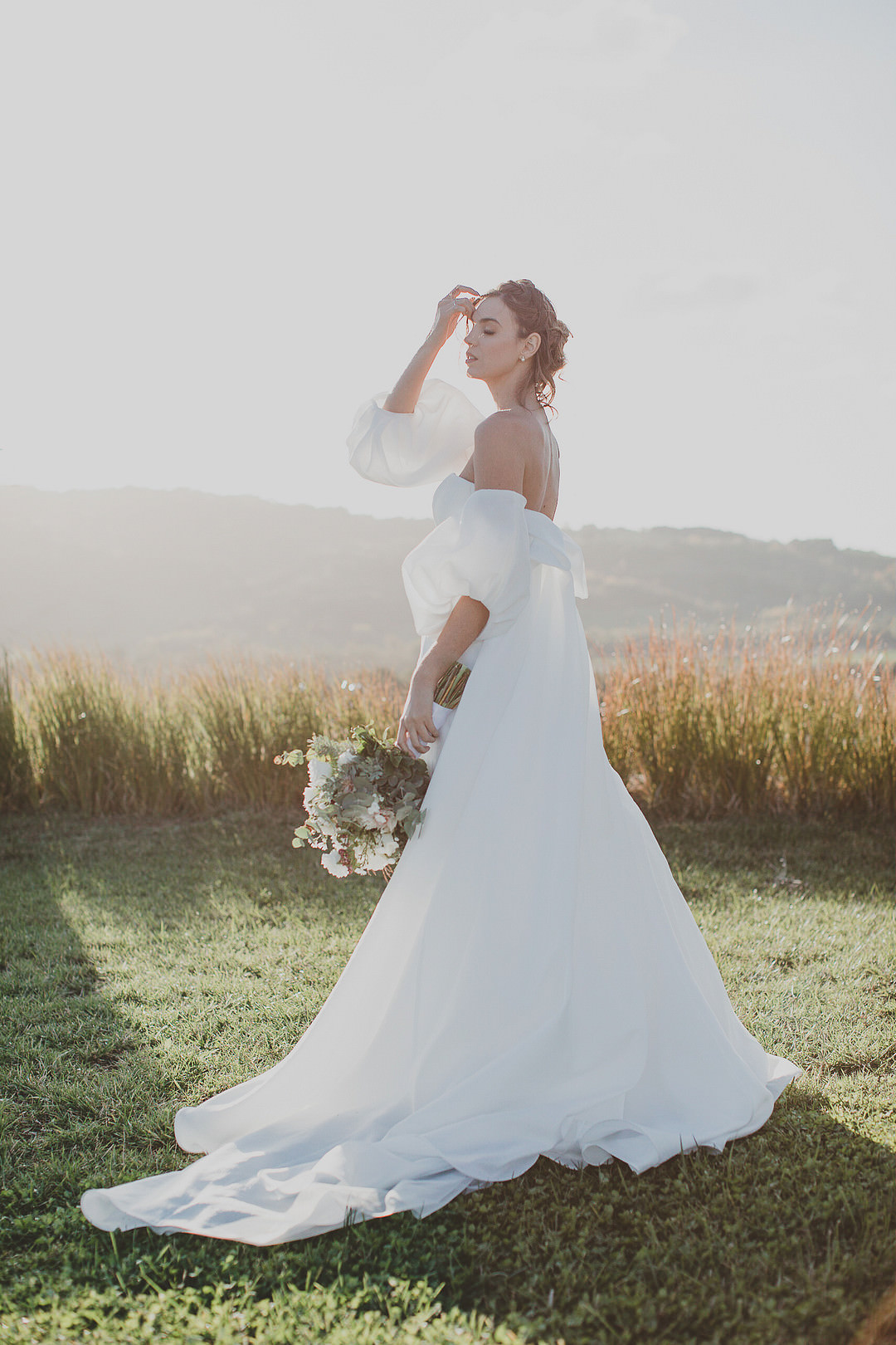 Dress Gown Bride Bridal Bow Off Shoulder Whimsical Tuscany Wedding Sofia Balli