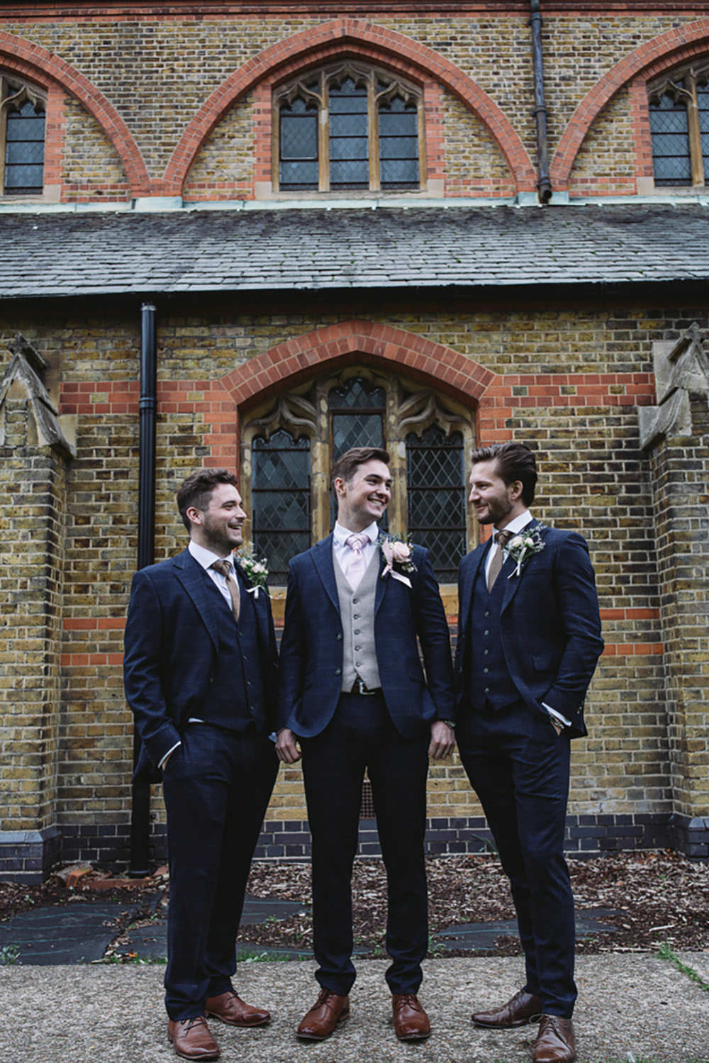 Groom Groomsmen Suit Navy Waistcoat Pink Tie Autumn Village Wedding Hannah Christine Photography