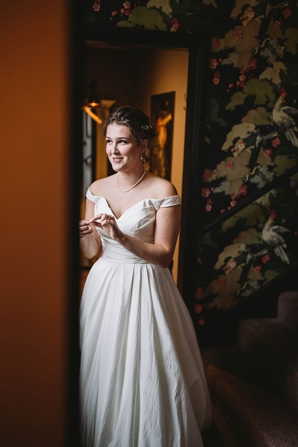 Dress Gown Bride Bridal Off Shoulder Bardot Autumn Village Wedding Hannah Christine Photography
