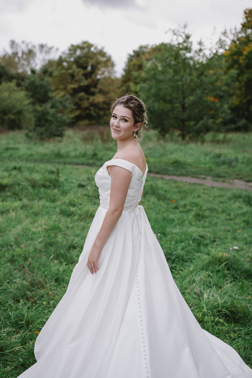 Dress Gown Bride Bridal Off Shoulder Bardot Autumn Village Wedding Hannah Christine Photography