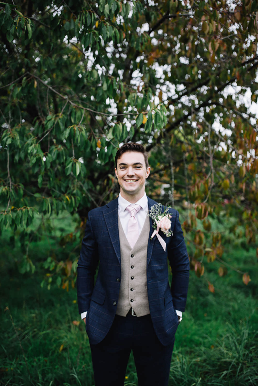 Groom Groomsmen Suit Navy Waistcoat Pink Tie Autumn Village Wedding Hannah Christine Photography