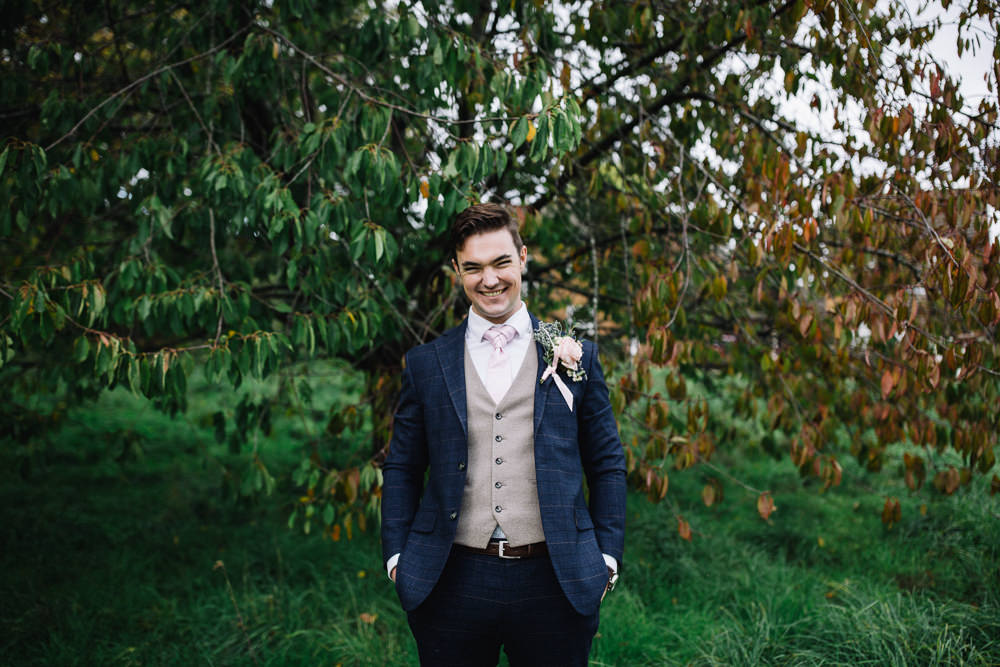 Groom Groomsmen Suit Navy Waistcoat Pink Tie Autumn Village Wedding Hannah Christine Photography