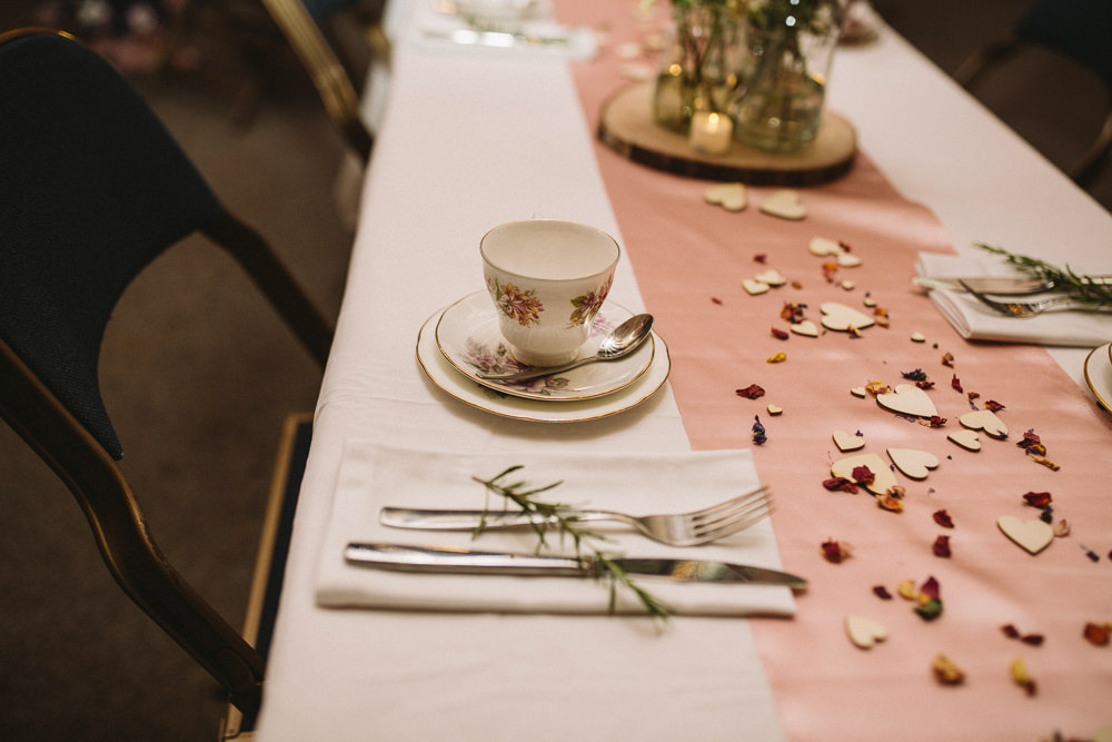 Pink Table Cloth Hearts Decor Flowers Autumn Village Wedding Hannah Christine Photography