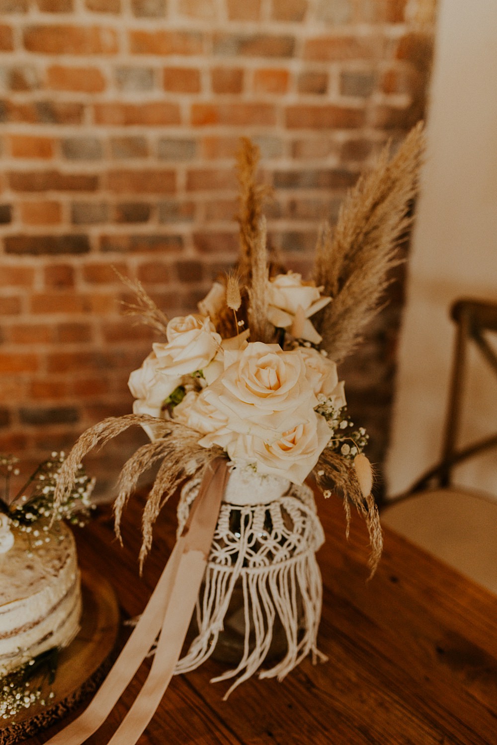 Boho Table Centrepiece Decor Macrame Pampas Grass Rose Brickhouse Vineyard Wedding Darina Stoda Photography