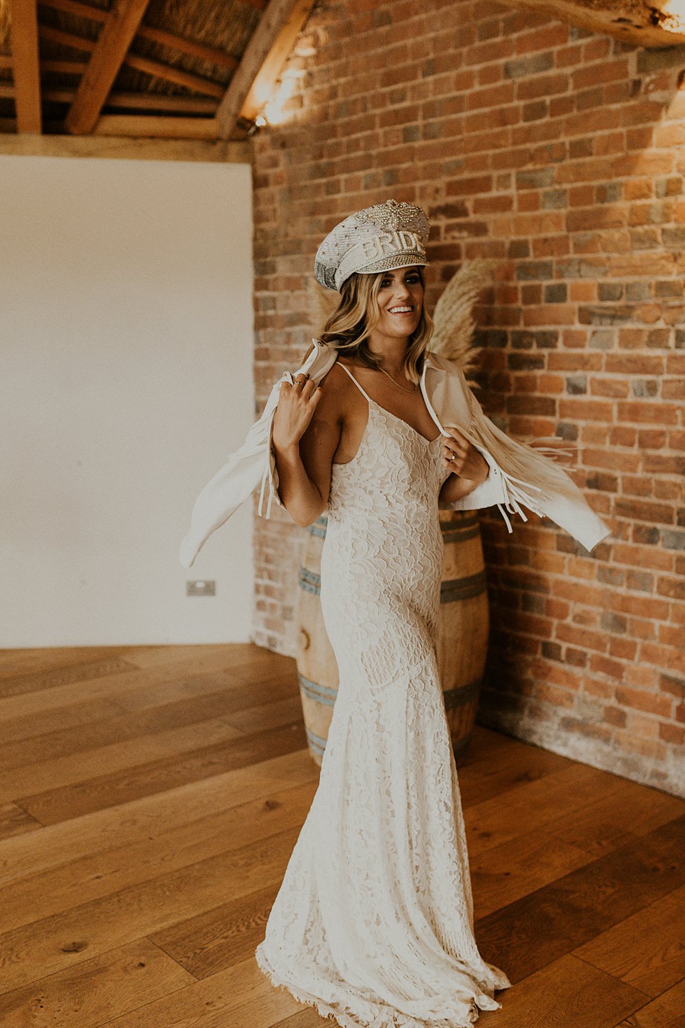 Bride Bridal Dress Gown Lace Straps Bride Hat Brickhouse Vineyard Wedding Darina Stoda Photography