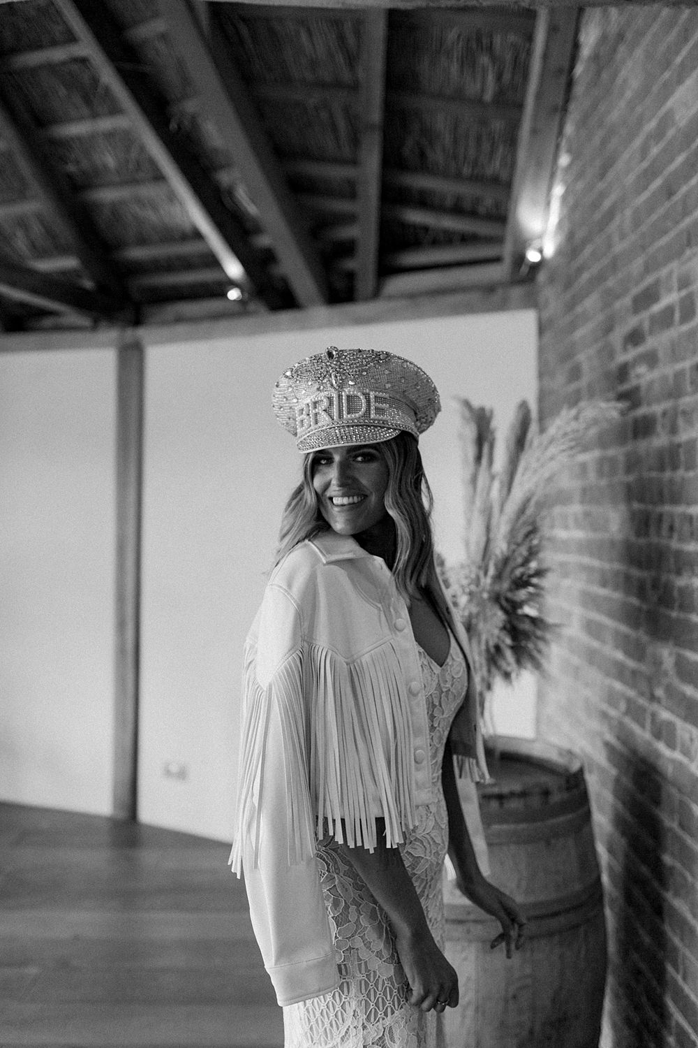 Bride Bridal Dress Gown Lace Straps Bride Hat Jacket Brickhouse Vineyard Wedding Darina Stoda Photography