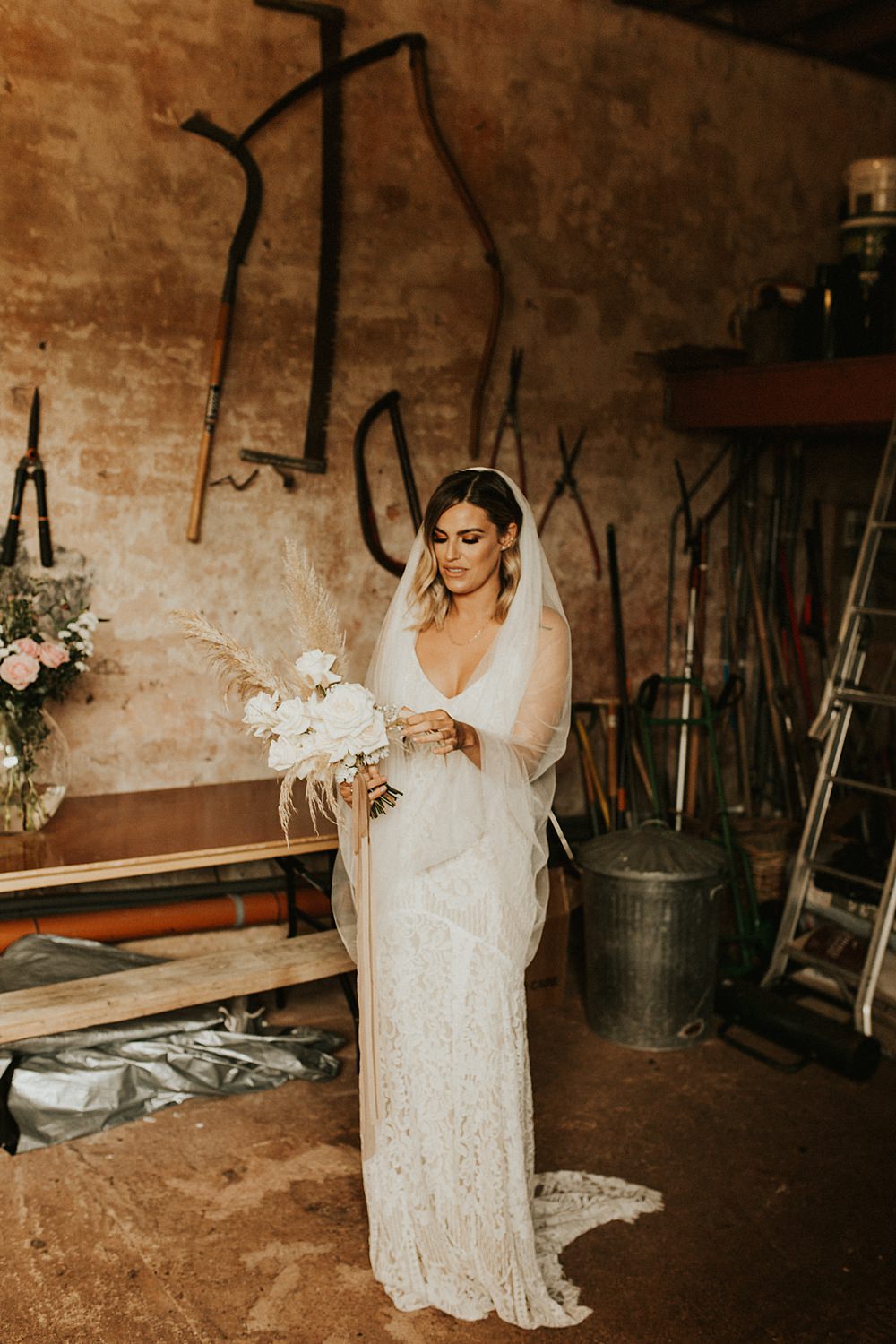 Bride Bridal Dress Gown Lace Straps Veil Brickhouse Vineyard Wedding Darina Stoda Photography