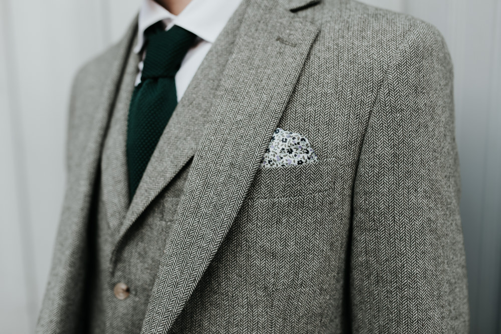 Groom Suit Grey Pocket Square Floral Cardiff City Hall Wedding Francesca Hill Photography