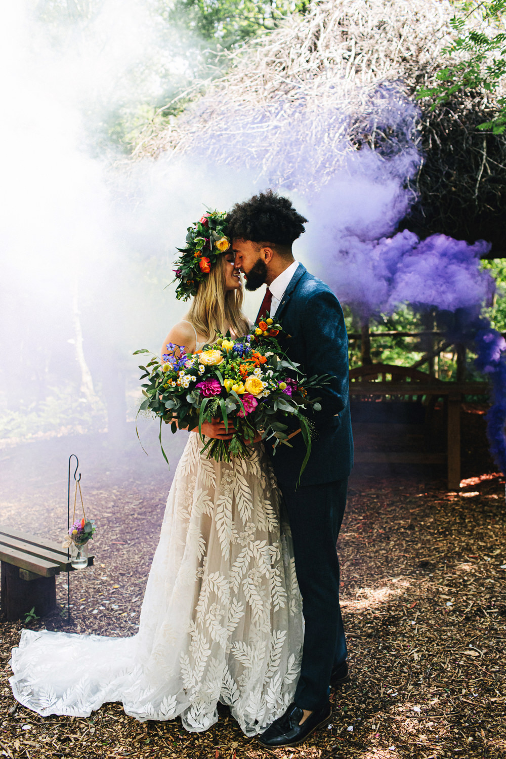 Cheshire Woodland Weddings Jessica O’Shaughessy Wedding Photography Smoke Bomb Portrait Couple