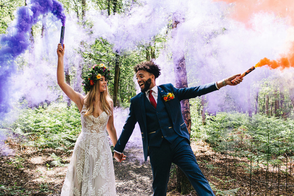 Cheshire Woodland Weddings Jessica O’Shaughessy Wedding Photography Smoke Bomb Portrait Couple