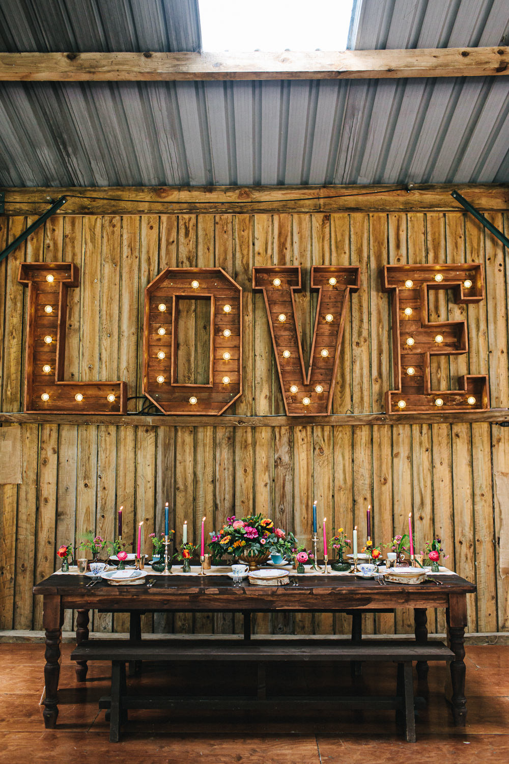 Barn Decor Table Tablescape Flowers Candles Colourful Bright Cheshire Woodland Weddings Jessica O’Shaughessy Wedding Photography