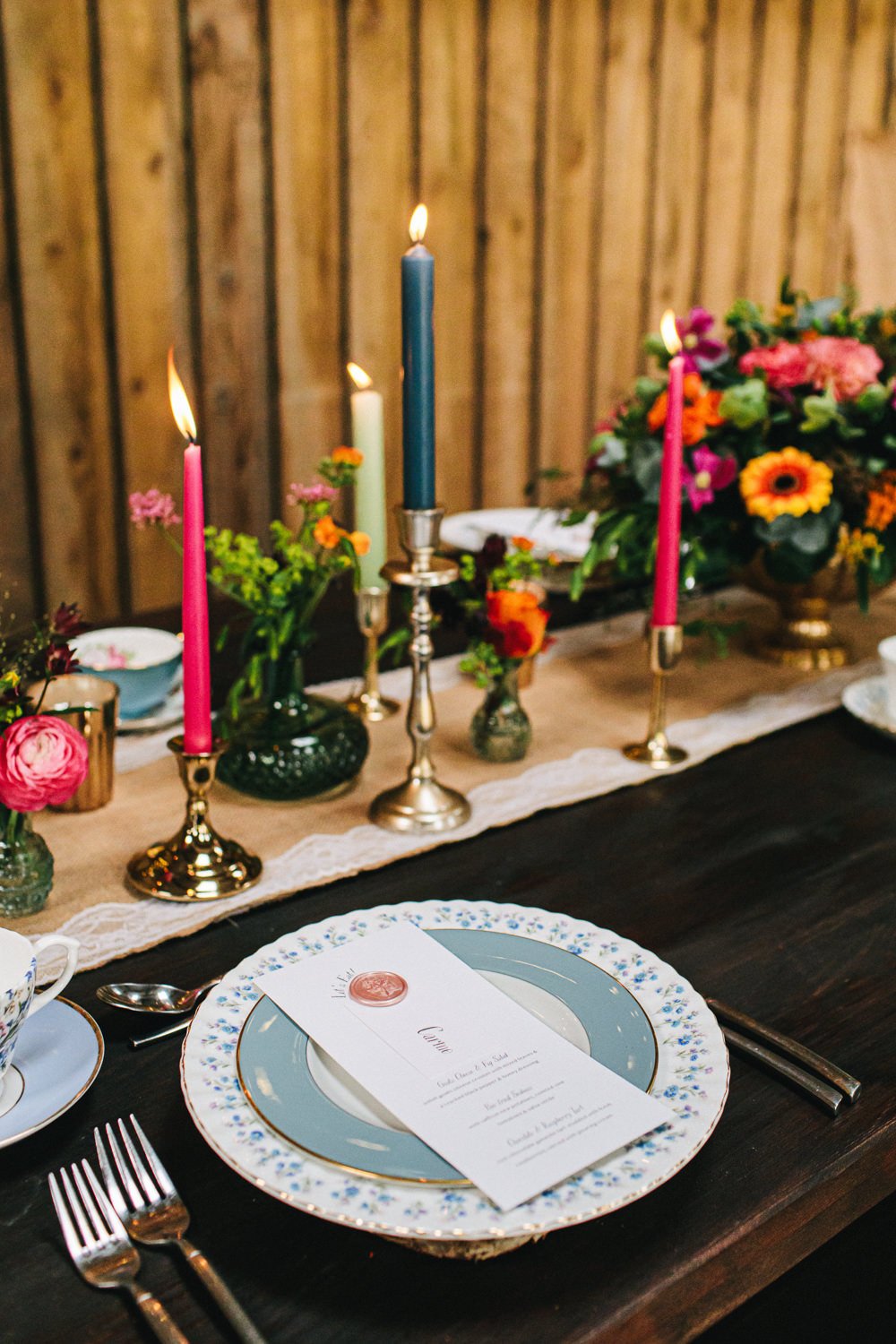 Barn Decor Table Tablescape Flowers Candles Colourful Bright Cheshire Woodland Weddings Jessica O’Shaughessy Wedding Photography