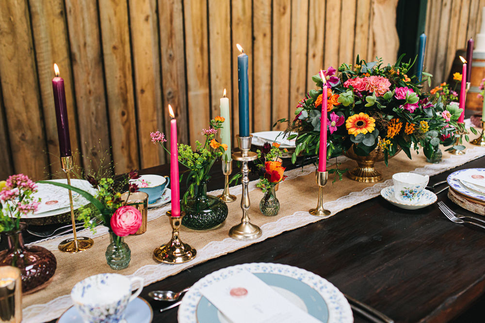 Barn Decor Table Tablescape Flowers Candles Colourful Bright Cheshire Woodland Weddings Jessica O’Shaughessy Wedding Photography