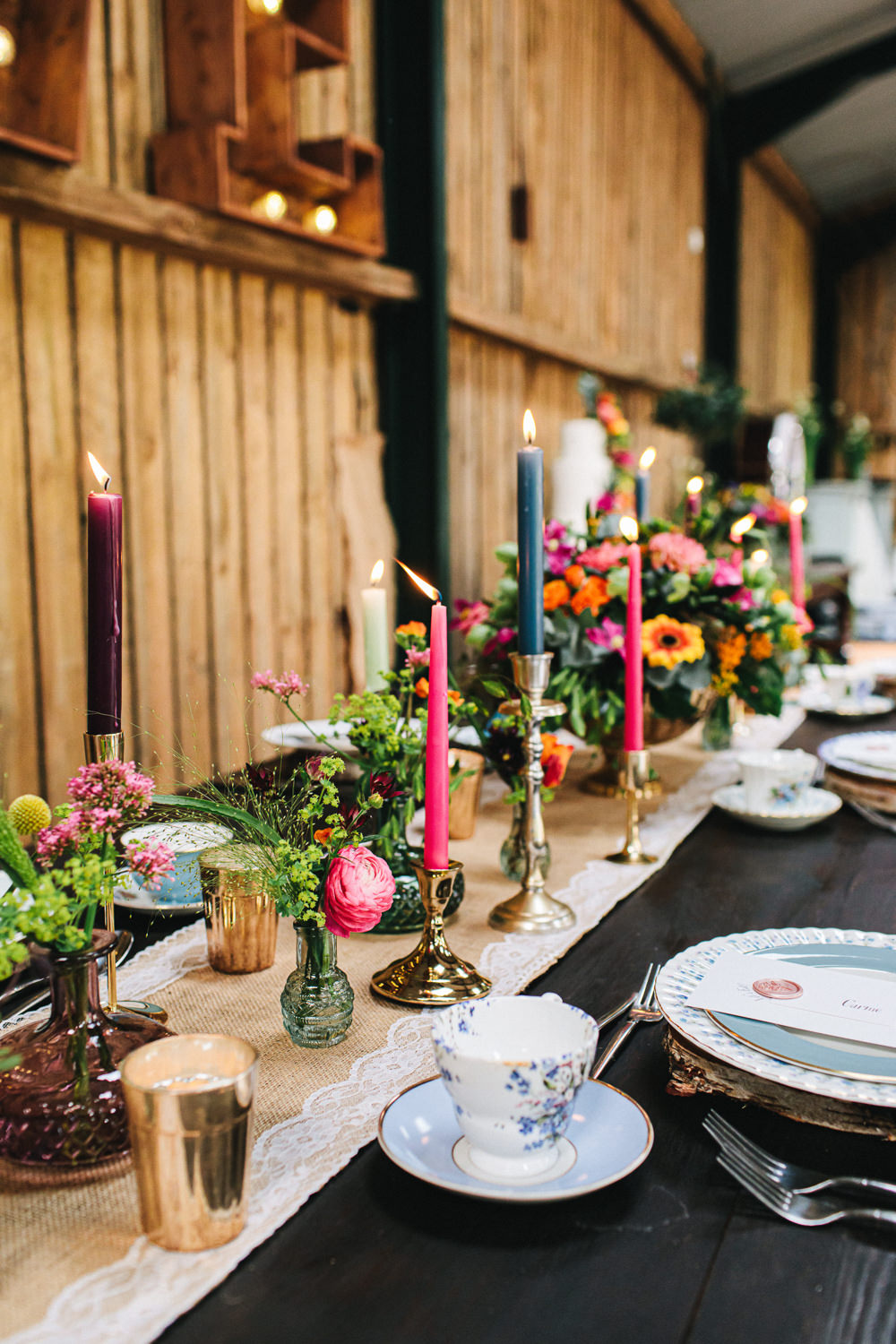 Barn Decor Table Tablescape Flowers Candles Colourful Bright Cheshire Woodland Weddings Jessica O’Shaughessy Wedding Photography